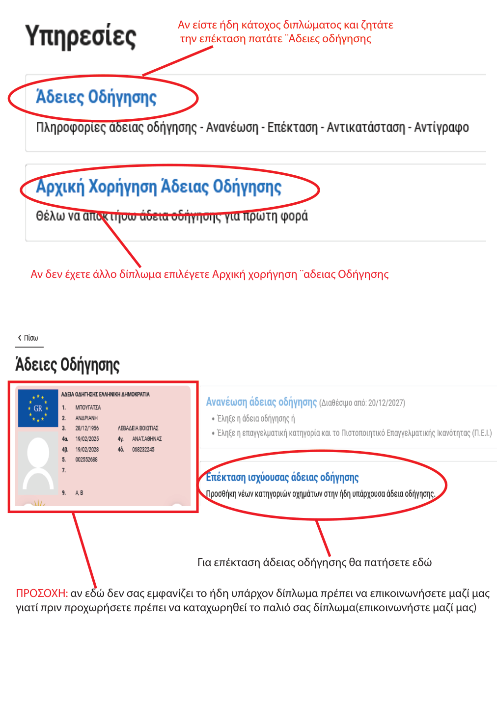 Επιλογή αρχικής χορήγησης ή επέκτασης άδειας οδήγησης
