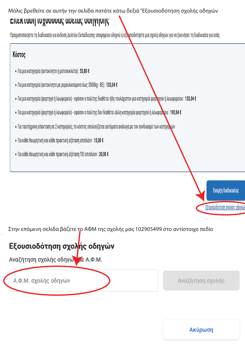 Εξουσιοδότηση σχολής οδηγών και καταχώρηση ΑΦΜ